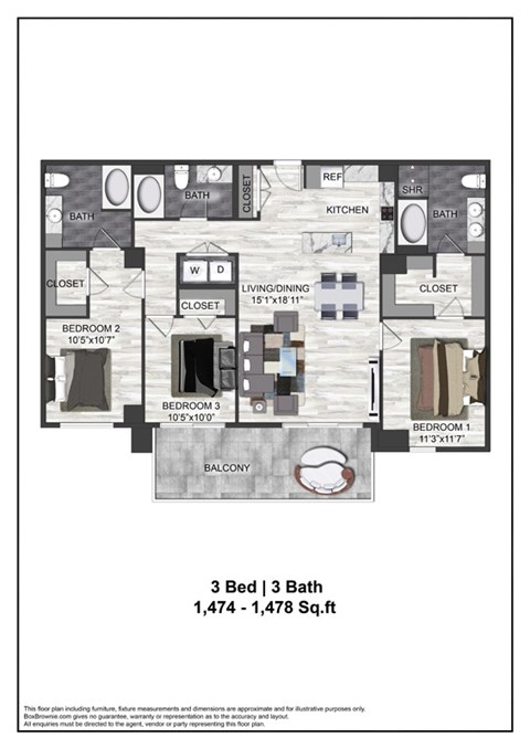 Floor plan for 3 beds, 3 baths, 1475 sqft